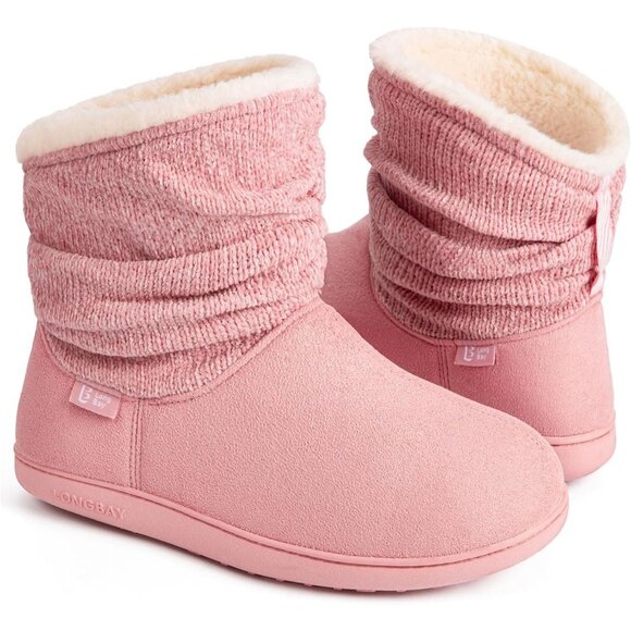 Women's Pink Blue LongBay Chenille Knit Bootie Slippers Memory Faux Fur Suede - Picture 1 of 6